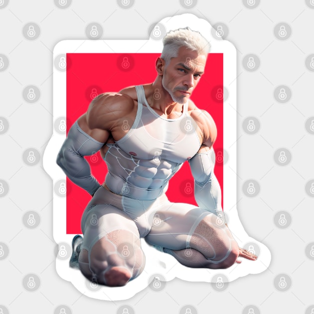 Handsome and muscular kneeling nordic mature man in white compression suit Sticker by Marccelus